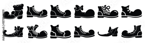 Set of clown shoe silhouette art. Funny large pack of vector silhouette design and isolated on white background