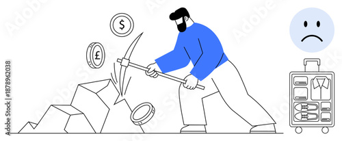 Financial struggle. Man mining coins with symbols of various currencies showing financial struggle and challenges. Financial struggle impacting poverty, economy, budgeting, debt, work-life balance