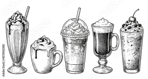 Hand-drawn illustrations of assorted iced coffee beverages and creamy milkshakes with straws and whipped cream toppings