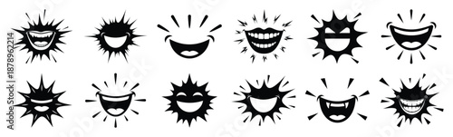 Set of comic grin burst silhouette art. Funny large pack of vector silhouette design and isolated on white background