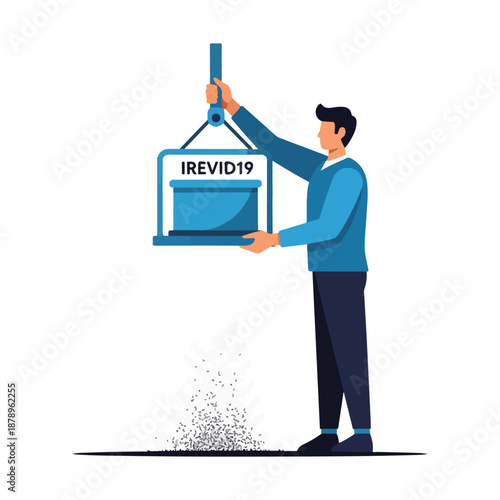 Illustration of a man disposing of a trash bag labeled IREVID19 in a blue uniform against a white background.