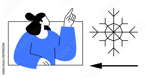Snowflake symbol. A woman gestures towards a snowflake and a directional arrow, cold weather, winter guidance, or seasonal navigation. Perfect for winter, weather apps, climate communication