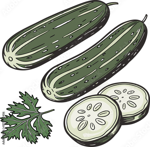 Four fresh cucumbers, along with two cucumber slices, are depicted in a watercolor-style illustration, set against a transparent background. The cucumbers, the main subjects, are positioned diagonally