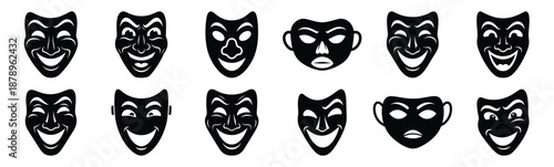 Set of comic humor mask silhouette art. Funny large pack of vector silhouette design and isolated on white background