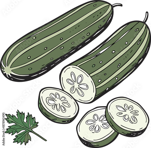 Four fresh cucumbers, along with two cucumber slices, are depicted in a watercolor-style illustration, set against a transparent background. The cucumbers, the main subjects, are positioned diagonally