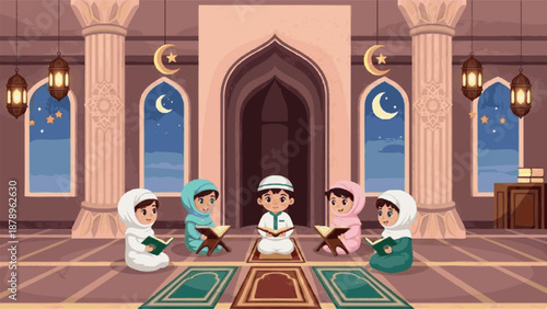 Children learning about Islam in a mosque, featuring children in hijabs and caps reading books on prayer rugs