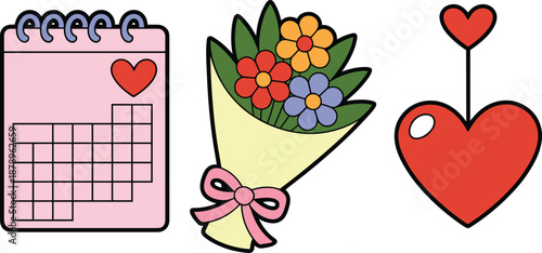 Valentine, love, icons, calendar, bouquet, hearts, cute, flat, vector, illustration, romantic, greeting, design, wedding, anniversary, date, planner, flowers, symbols, collection