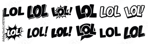 Set of comic lol text silhouette art. Funny large pack of vector silhouette design and isolated on white background