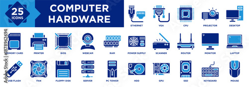 Computer Hardware icon collection set. Containing Printer, Memory Card, Laptop, Keyboard, Router, Scanner, Monitor, Ethernet, Webcam, Power Supply icon