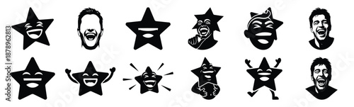 Set of comic star laugh silhouette art. Funny large pack of vector silhouette design and isolated on white background