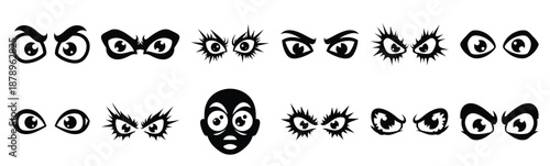 Set of crazy eyes silhouette art. Funny large pack of vector silhouette design and isolated on white background