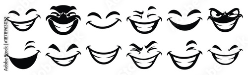Set of funny cartoon smirk silhouette art. Funny large pack of vector silhouette design and isolated on white background