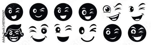 Set of funny cartoon wink silhouette art. Funny large pack of vector silhouette design and isolated on white background