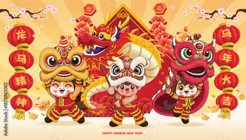 Vintage Chinese new year poster design with horse character. Chinese wording means Auspicious year of the horse, Wishing you great vitality and strength, Prosperity.