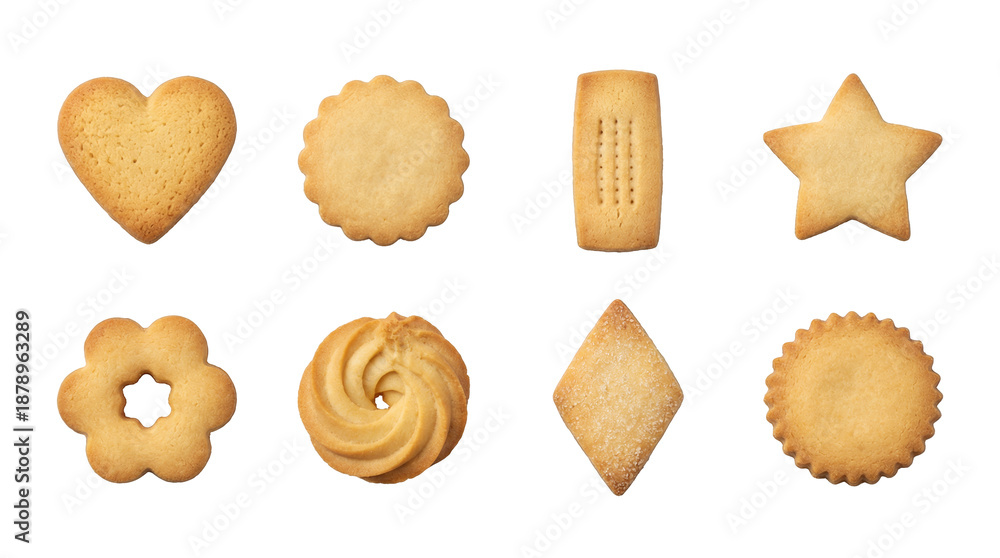 Fototapeta premium Butter cookie set including heart, star, flower, swirl, and scalloped shortbread shapes isolated. Traditional sweet biscuit and bakery collection.