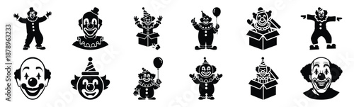 Set of funny clown pop silhouette art. Funny large pack of vector silhouette design and isolated on white background
