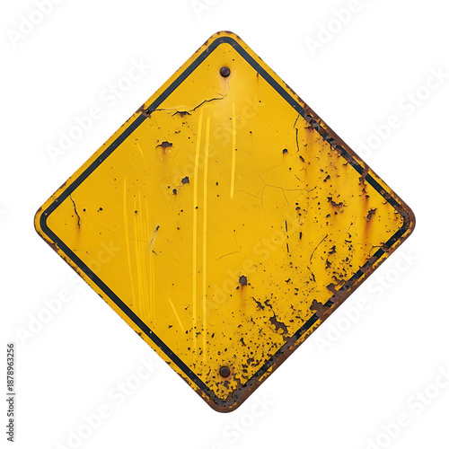 Old rusty yellow diamond warning sign