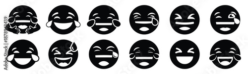 Set of funny emoji chuckle silhouette art. Funny large pack of vector silhouette design and isolated on white background
