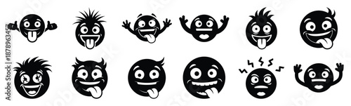 Set of funny emoji crazy silhouette art. Funny large pack of vector silhouette design and isolated on white background