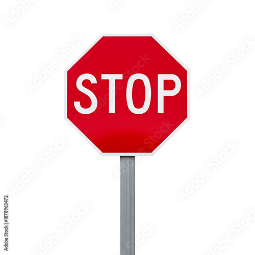 Stop sign with white border on metal pole