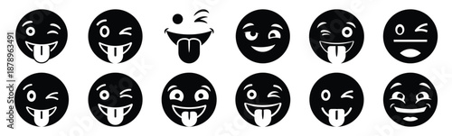 Set of funny emoji fun silhouette art. Funny large pack of vector silhouette design and isolated on white background