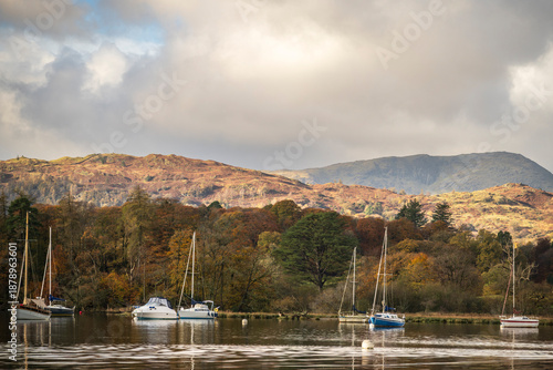 Photography Sailboats on the water of Lake Windermere on a sunny autumn morning in the Lake District national park
