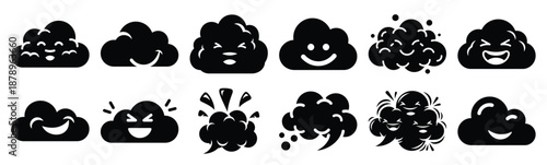 Set of funny giggle cloud silhouette art. Funny large pack of vector silhouette design and isolated on white background