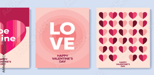 Set of three modern graphic design Valentine's Day cards featuring hearts and romantic messages, perfect for expressing affection and celebrating love on this special occasion