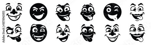 Set of funny playful face silhouette art. Funny large pack of vector silhouette design and isolated on white background