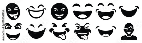 Set of funny playful grin silhouette art. Funny large pack of vector silhouette design and isolated on white background