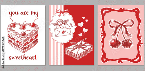 A collection of romantic Valentine's Day greeting cards featuring sweet treats, love symbols, and heartfelt messages for a special someone