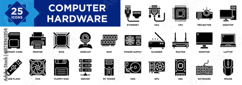 Computer Hardware icon collection set. Containing Printer, Memory Card, Laptop, Keyboard, Router, Scanner, Monitor, Ethernet, Webcam, Power Supply icon
