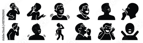 Set of funny reaction chuckle silhouette art. Funny large pack of vector silhouette design and isolated on white background