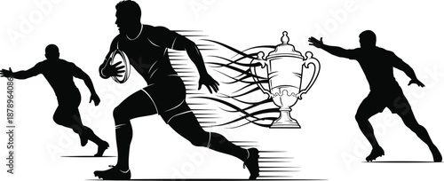 Dynamic black silhouette of rugby players aggressively chasing a victory trophy during a fast paced championship match