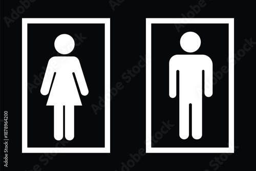 Male and female restroom icons, gender symbol vector illustration, blue and pink signage figures, public facility design, modern minimal style, stock art collection
