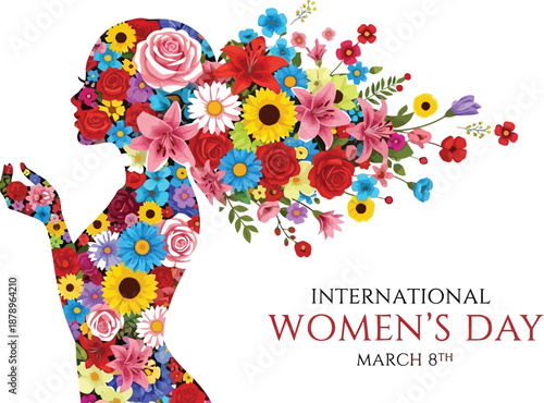 Colorful silhouette of a woman composed entirely of vibrant blossoms celebrating international women's day on march eighth