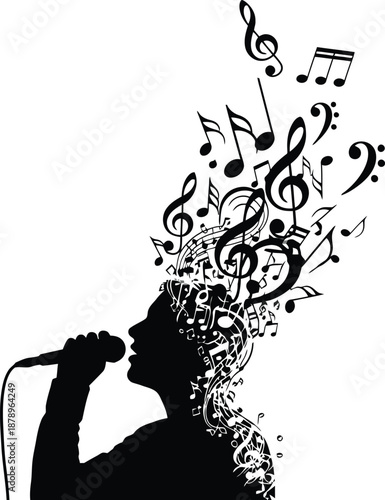Silhouette of a singer holding a microphone with musical notes erupting from their head against a stark white background