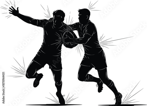 Silhouette of two powerful rugby players fiercely competing for possession of the oval ball during a high impact tackle illustration