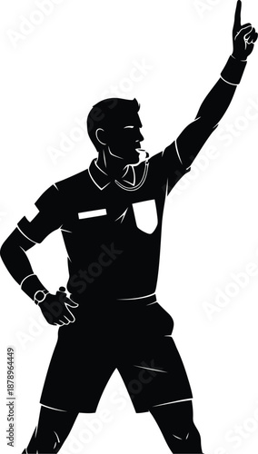 Silhouetted sports referee stands decisively signaling with one arm raised high toward the sky during a match