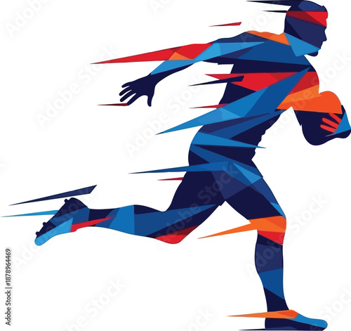 Abstract graphic silhouette of a fast running rugby player aggressively sprinting forward while clutching the oval ball tightly.