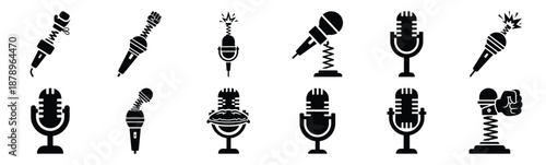 Set of joke microphone silhouette art. Funny large pack of vector silhouette design and isolated on white background