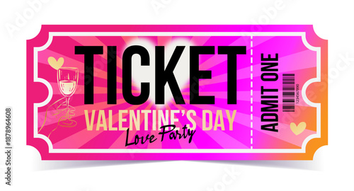Valentine's Day party ticket template. Pink, soft gradient background with translucent rays, hand with a glass, heart, modern bright design.