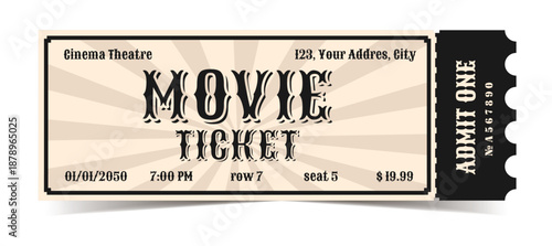 Movie ticket template, retro design. Text, date, time, row, place, one person.