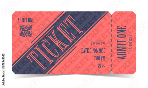 Ticket template for various events. Universal, retro design 80s, 90s.