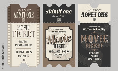 Set of tickets for the cinema, retro design. Text, date, time, row, place, one person.