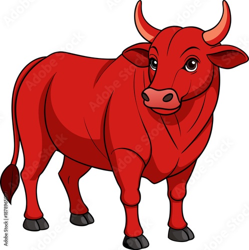 Create a realistic image of a fully grown Red Brahman bull standing sideways. The bull should have a muscular build, a distinct hump over the shoulders, large hanging ears, loose skin, and a sleek red