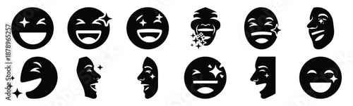 Set of laugh sparkle face silhouette art. Funny large pack of vector silhouette design and isolated on white background