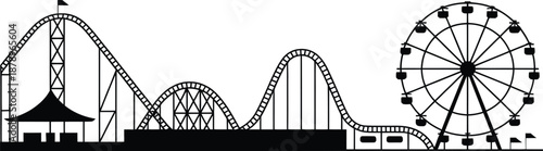 Amusement park with roller coaster and ferris wheel on white background