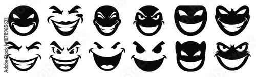 Set of prank joke grin silhouette art. Funny large pack of vector silhouette design and isolated on white background