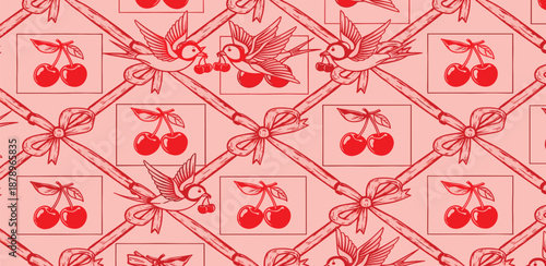 Seamless retro pattern with stylized birds holding cherries and elegant ribbons on a red background, vintage design for textiles and decor